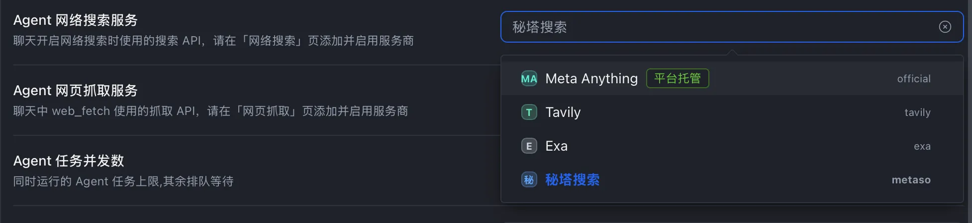 网络搜索服务的配置界面